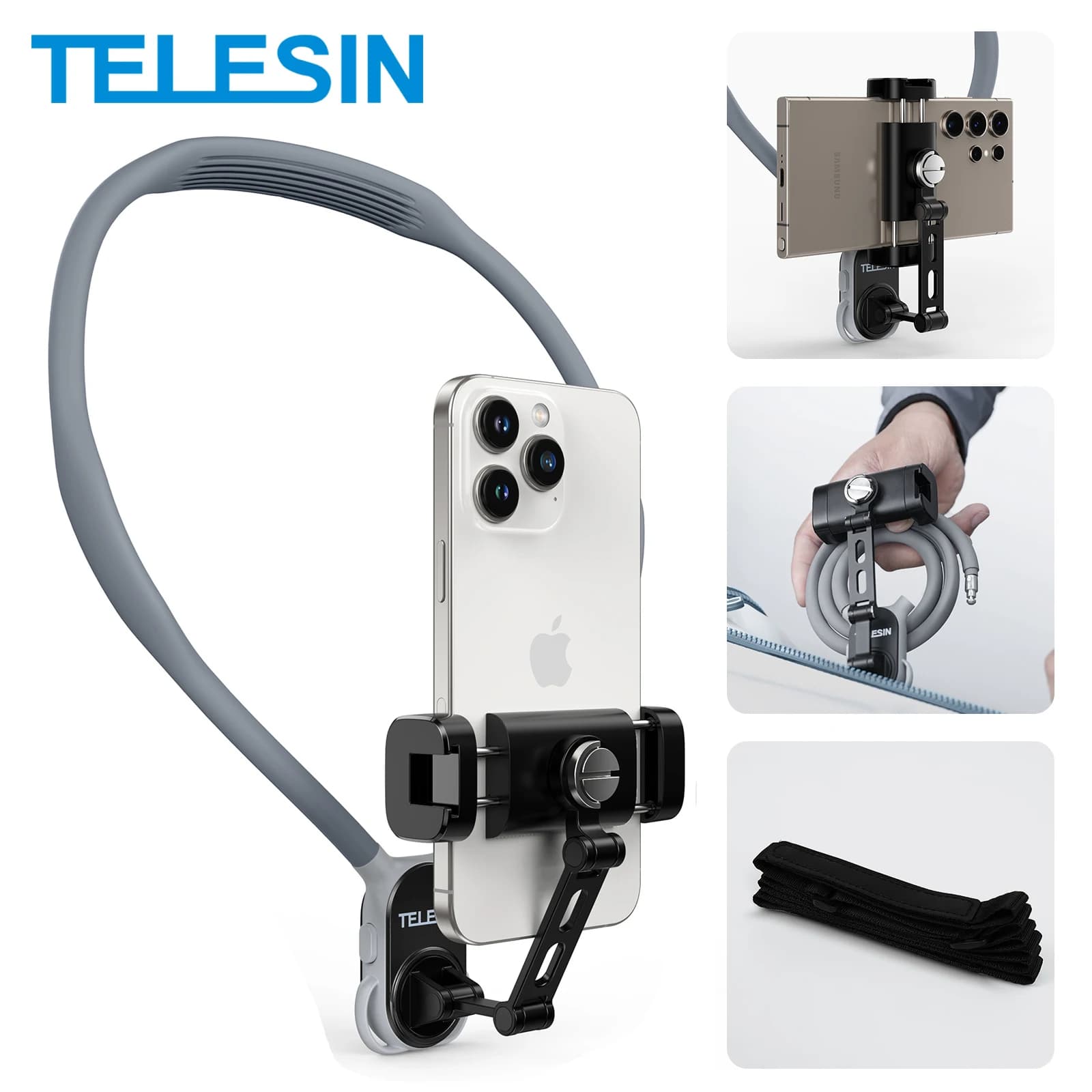TELESIN Phone Clip with Neck Mount 360 ° POV Phone Holder with Rotating for Iphone 15 14 13 12 11 10 SAMSUNG HUAWEI XIAOMI Phone Accessories