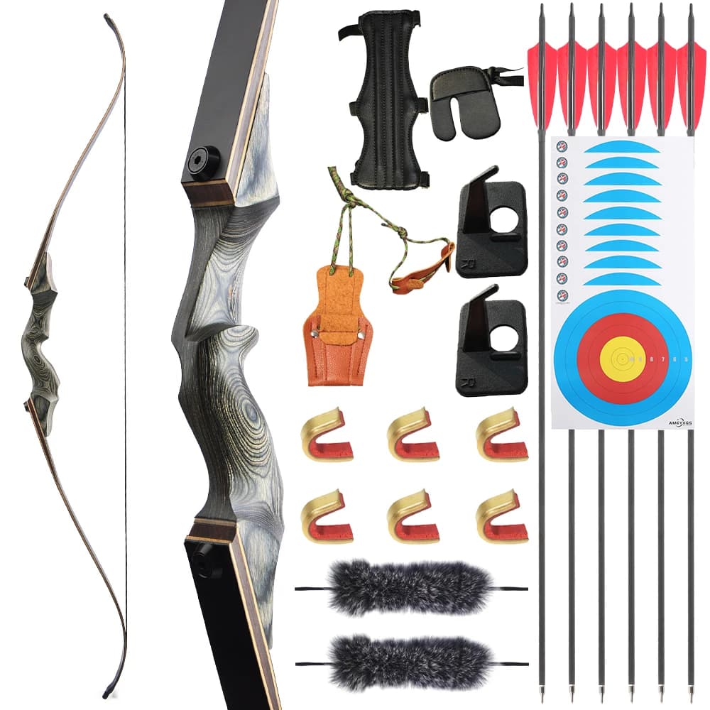 Kit freccia per arco ricurvo da 60 pollici 30-60Ibs Takedown Arco diviso Arti rialzati in legno per tiro con l'arco per adulti Accessorio per tiro da caccia al bersaglio