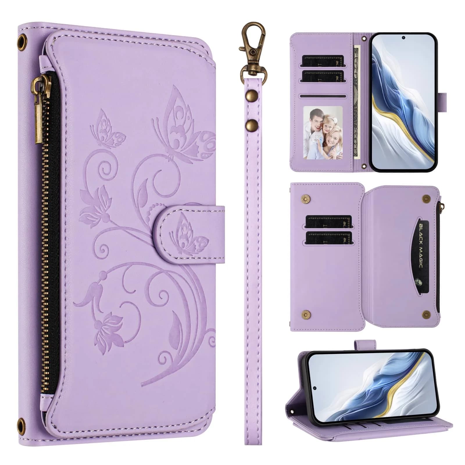 Per Samsung Galaxy A70 A50 A40 A30 A20 A10 A06 A42 5G A21S Custodia, Custodia a portafoglio con fiori RFID, Cerniera, Slot per carte, Cinturino da polso