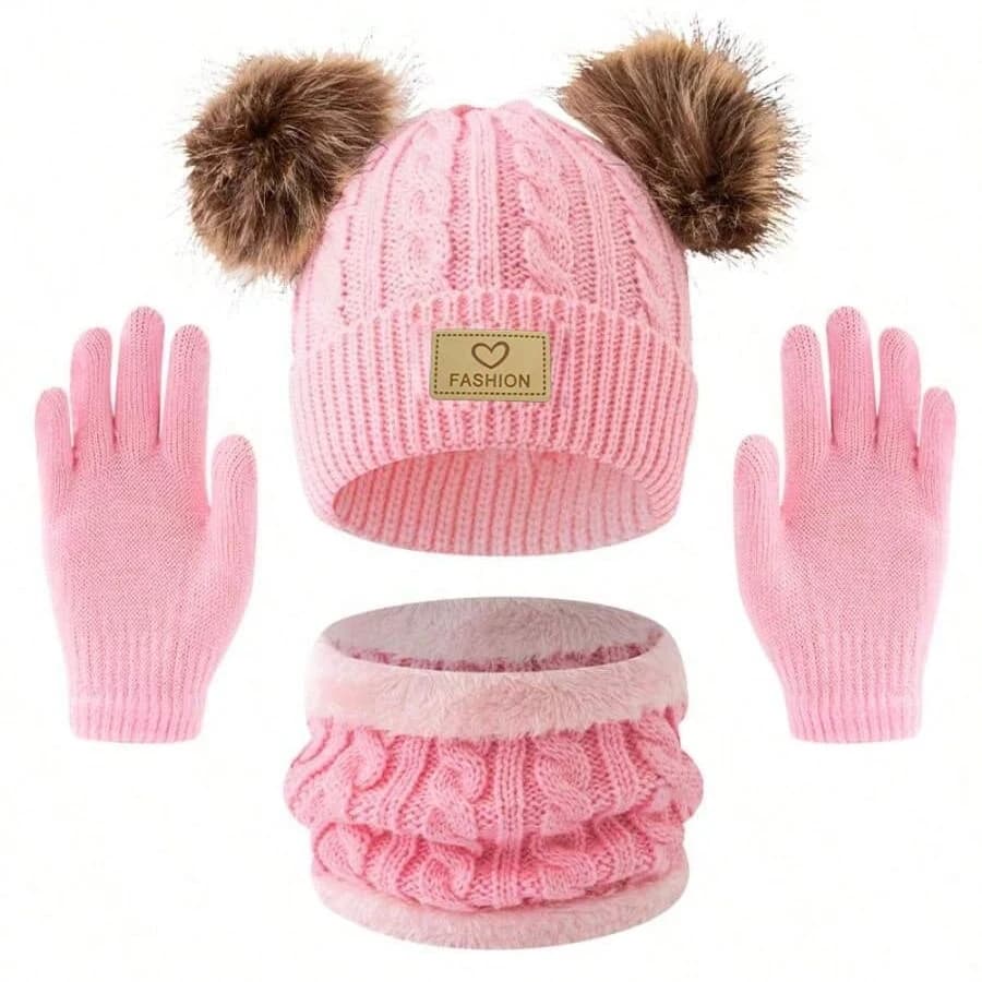 Set di 3 pezzi per bambini europei e americani da 3-12 anni: cappello, sciarpa e guanti, nuovo stile autunno-inverno, con doppia pompon.