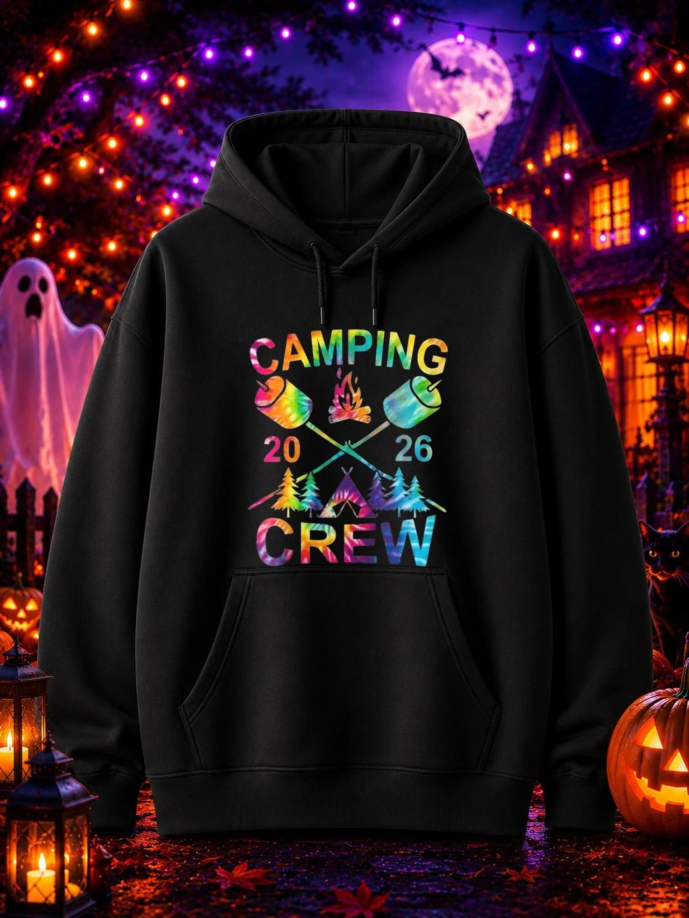Men's Street Sweater CAMPING 2026 CREW Strap Dyed Cloud Marshmallow Campfire Pine Tent, Autumn and Winter Casual Daily Wear