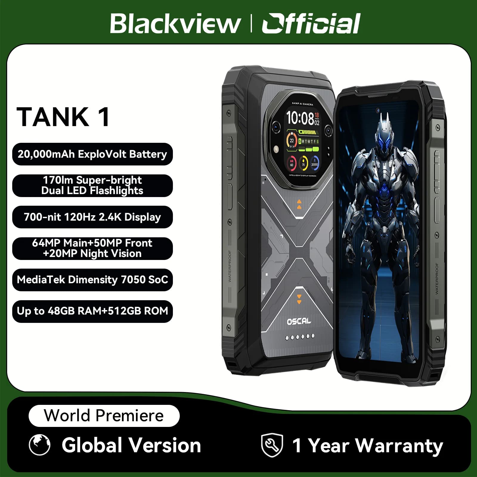 Blackview OSCAL TANK 1 Smartphone robusto 5G, 20000 mAh/55 W, display FHD+ da 6,78" 120 Hz, MTK7050, fotocamera Android, IP68/IP69K/GPS/NFC