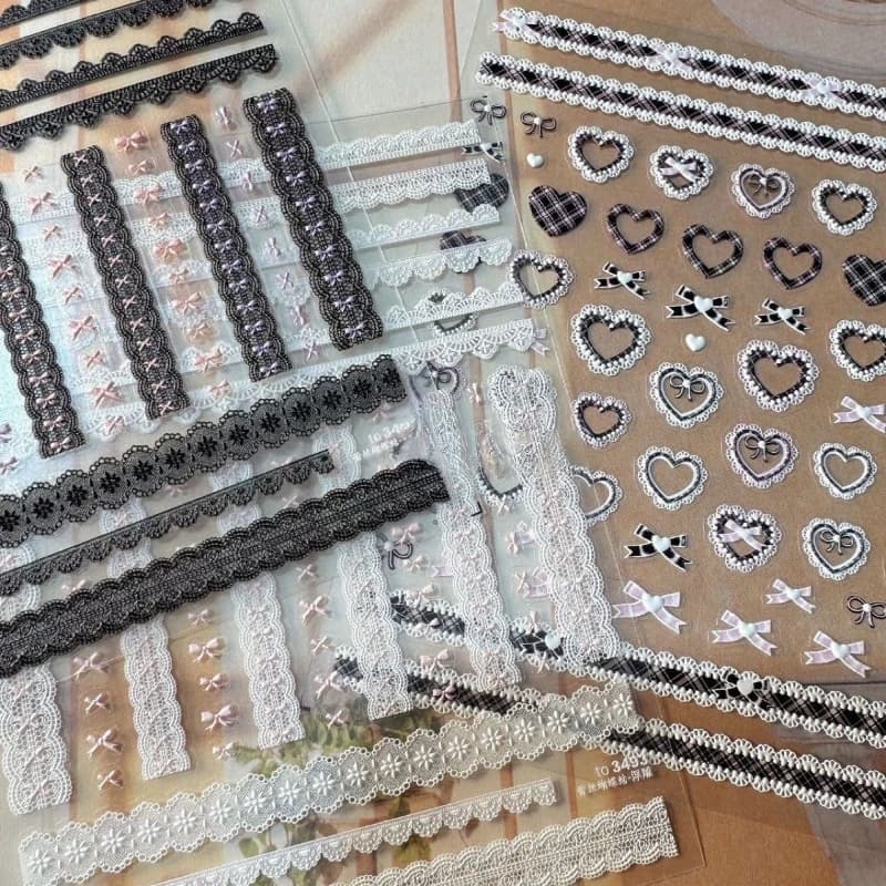 3pcs/set Embossed Scrapbook Journal Stickers Kawaii Gothic Lace Bow Plaid Heart Design Decal Cute Fashion Stationer Nail Sticker