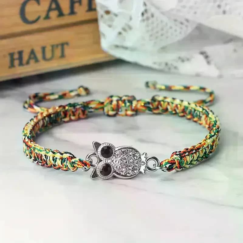 Unisex Fashion Handmade Bracelet Braided Rope Crystal Owl Pendant Lucky Charm for Birthday Holiday Gift