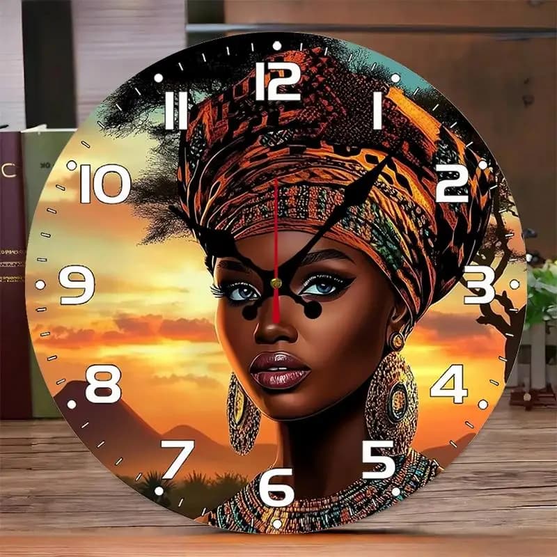 DIY 2D Flat African Sunset Wooden Round Silent Hanging Wall Clock, Suitable For Living Room, Office, Study Room, Bedroom, Home Decoration