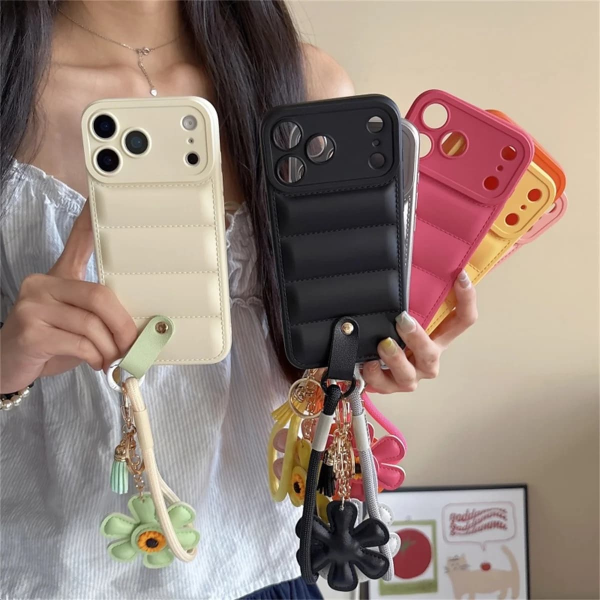 Down Jacket Flower Charm Wrist Strap Phone Case For iPhone 17 16 15 14 13 12 11 Pro Max Soft Shock Resistant Protective Case