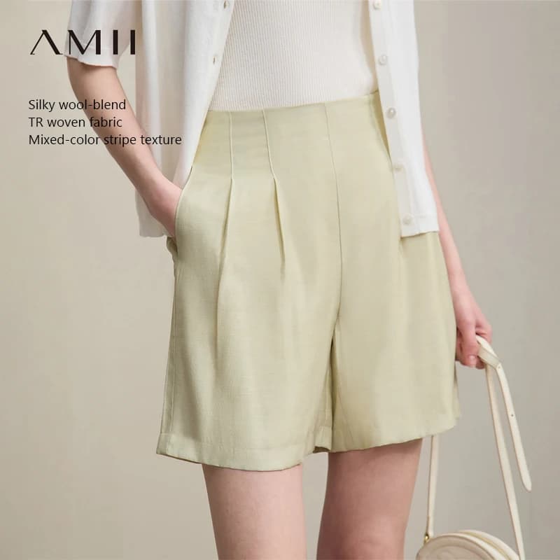 Pantaloncini Larghi da Donna Amii 2026 Nuovi Estivi Semplici in Tessuto TR, Pantaloni Larghi Monocolore Versatili Casual Abbigliamento Donna 12622100