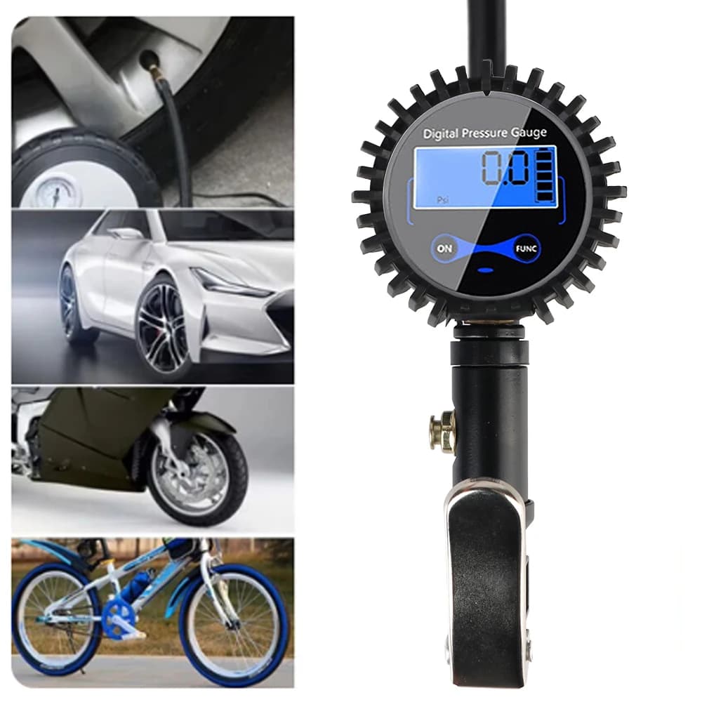 Misuratore di pressione dei pneumatici con clip per linea d'aria Misuratore di pressione dei pneumatici in lega di alluminio LCD digitale 200PSI