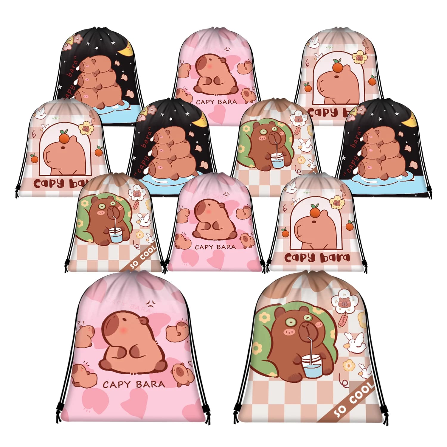 Zaino con coulisse a tema Capibara, 12 sacchetti colorati in poliestere con tracolla per regali di Natale, bomboniere, scuola