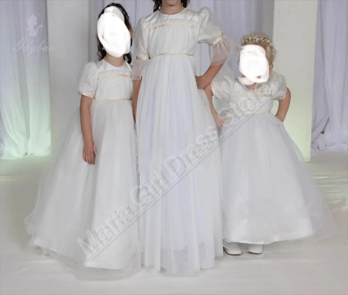 Abiti da comunione per ragazze Maglia girocollo maniche corte Abito da sposa per ragazza di fiori Fotografia di compleanno per bambini lunga