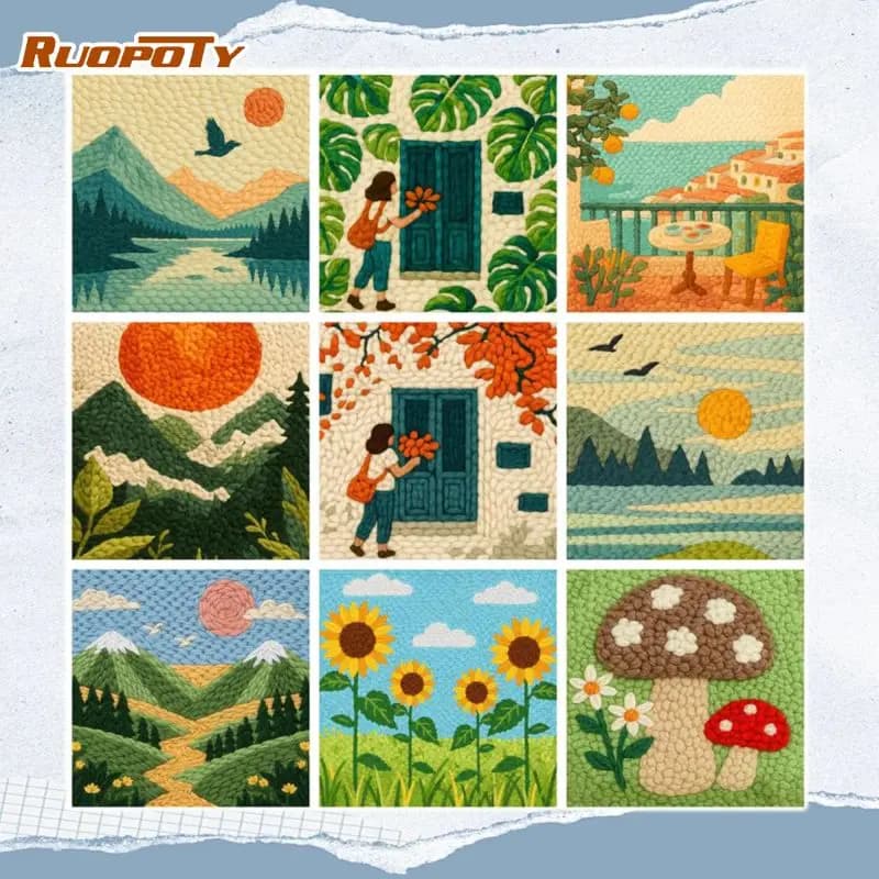 RUOPOTY Framed Mountain Peak Punch Needle Embroidery Home Wall Decor Art Projects For Adults Landscape Punch Needle Kit For Begi