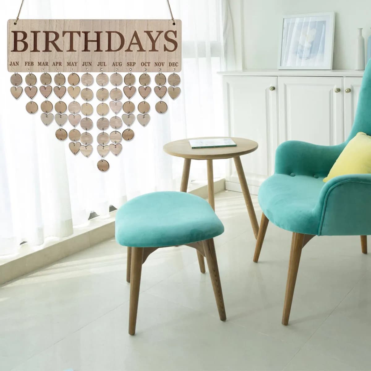 DIY Wooden Calendar for Birthdays Anniversaries Festivals Includes 1 Board 25 Round 25 Heart Discs 50 Iron Loops Easy Assembly