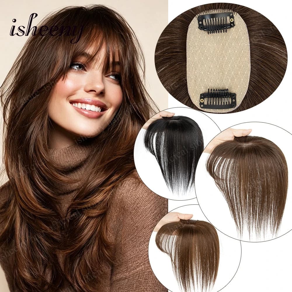 Isheeny 8-14 Inches Brown Human Hair Topper 2 Clips on Hair Base Breathable Hair Net Thinning Hair Piece Center Part with Bangs