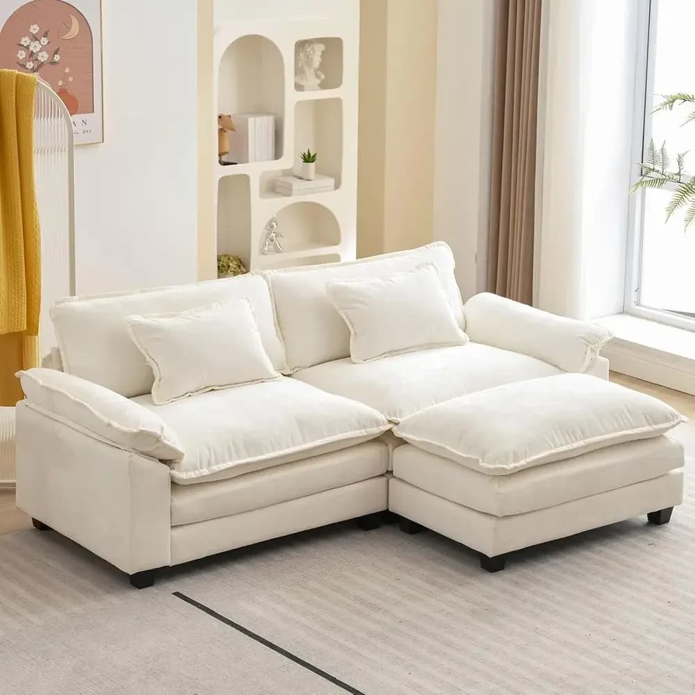 86 L-Shaped Sectional Sofa with Ottoman, Chenille Sleeper Sofa, Deep Seating with Throw Pillows (Beige White)
