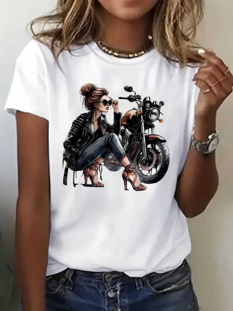 Retro Motorcycle Print Women T-shirt 2000s Gothic Women's Casual Short Sleeve T Shirt Women's Clothing Top Tee