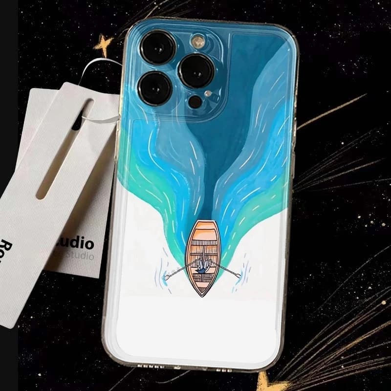 Cover Trasparente Antiurto Minimalista a Tema Barca a Remi per iPhone 17 Air 16E 16 15 14 11 Pro Max Plus 13 12 Mini 8 7 X