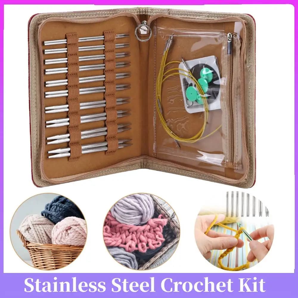 Kit Uncinetti Multifunzione con Ago Circolare Rimovibile, Uncinetti per Lavori Artigianali, Borsa Portaoggetti in PU per Sciarpe e Guanti Fai-da-te