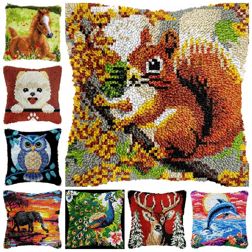 Kit Fai-da-te per Tappeto/Cuscino Ricamato a Uncinetto con Motivo Animale (Smeraldo) - Pacchetto con Bottone per Tappeto a Uncinetto, Cuscino e Decorazioni