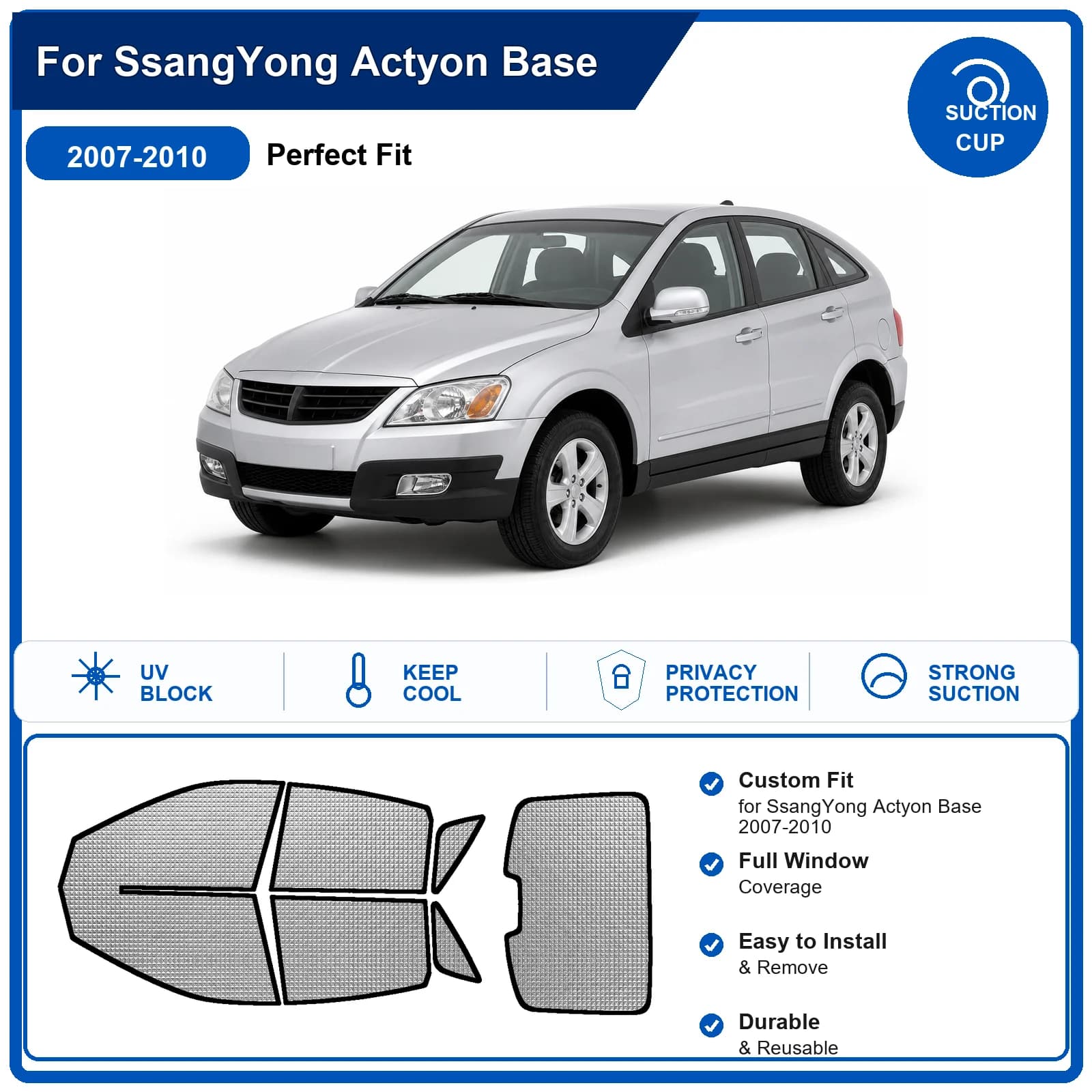 For SsangYong Actyon Base 2007-2010 Custom Full Set Windshield Sun Shade Aluminum Foil Heat Insulation Anti UV Foldable