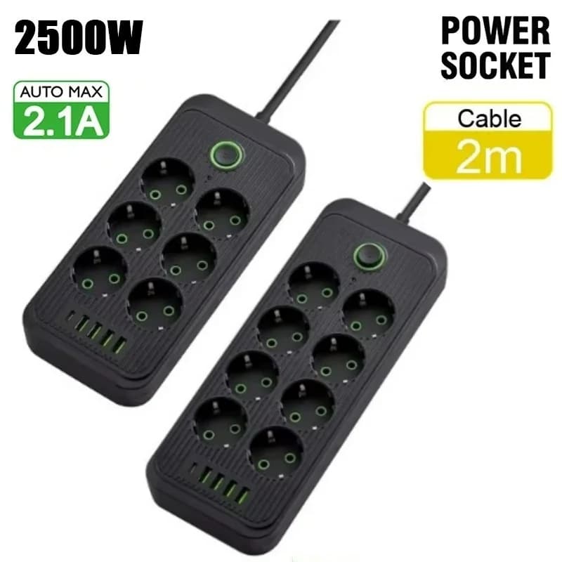 Multipresa da 2500W con Spina EU, Cavo di Prolunga da 2M, Porte USB Tipo C per Ricarica Rapida, Prese AC, Filtro di Rete e Adattatore