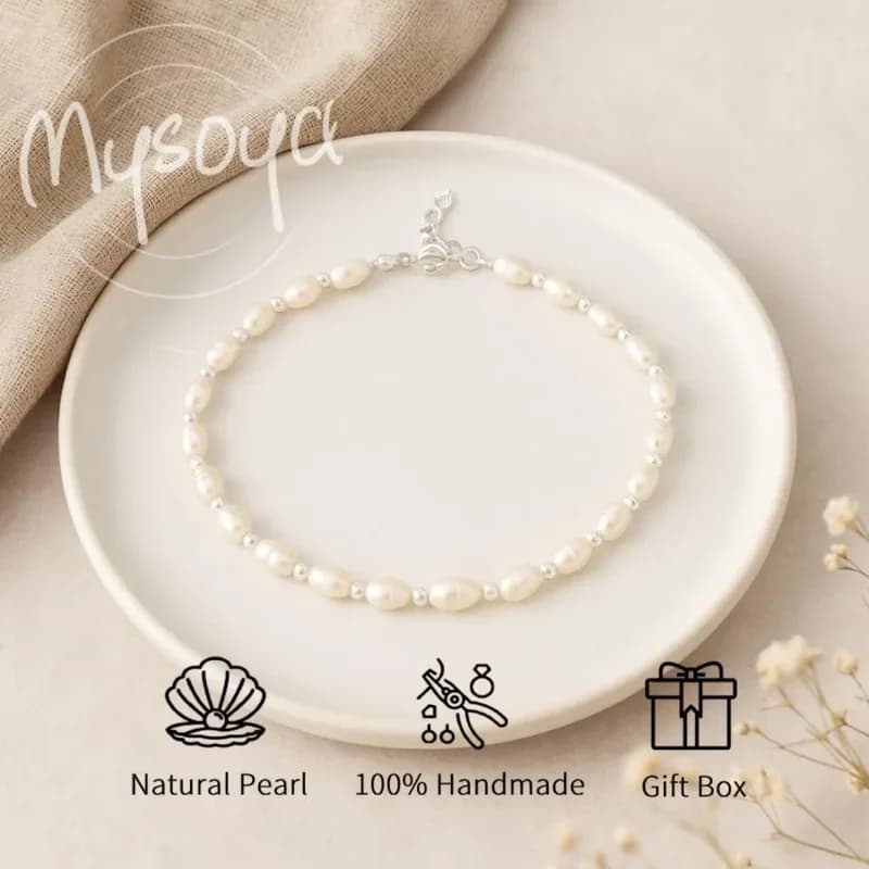 MYSOYA Bracciale con perle d'acqua dolce a forma di riso bianco 4-5 mm con confezione regalo per lei/lui Compleanno/Boda/Natale/Capodanno regalo