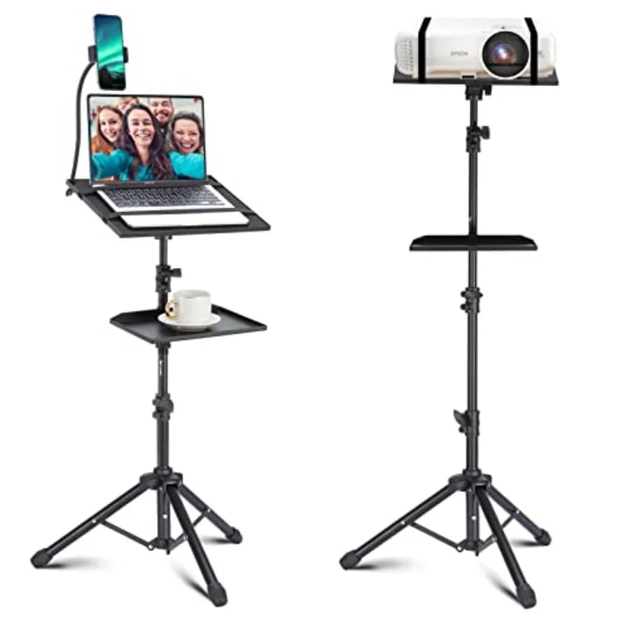 Supporto Treppiede per Proiettore 50" con 2 Ripiani per Laptop, iPad, Attrezzatura DJ - Supporto da Terra Portatile Regolabile con Gancio
