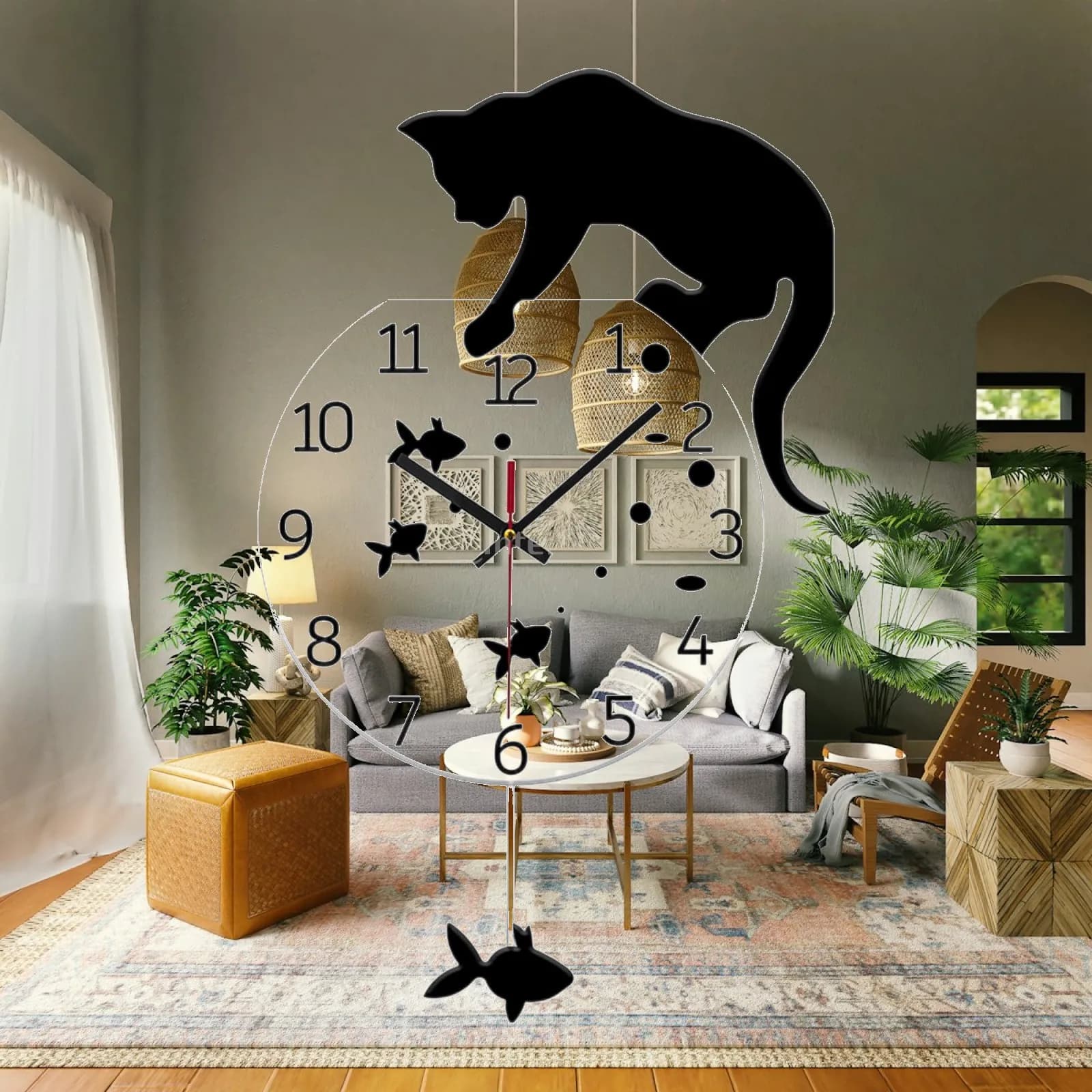 Orologio da parete con pendolo per cameretta bambini, decorativo con gatti e pesci, per ragazzi e ragazze