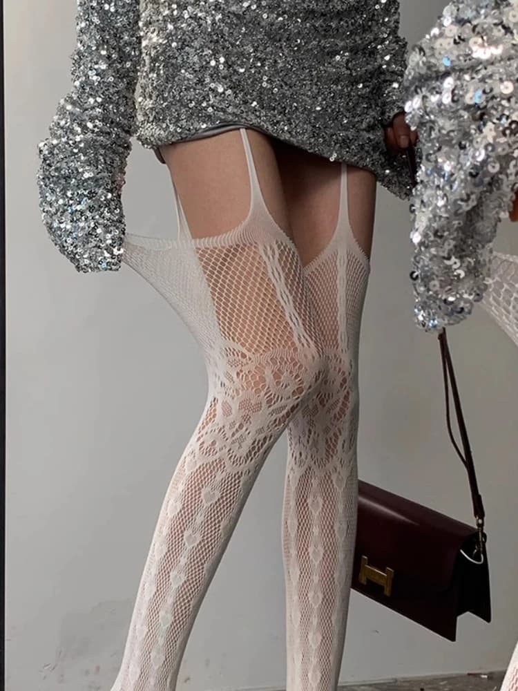 Hollowed Out Lace Fishnet Suspender Socks Women Sexy Slim Nylon Mesh Thigh High Stockings White Tights Open Crotch Pantyhose