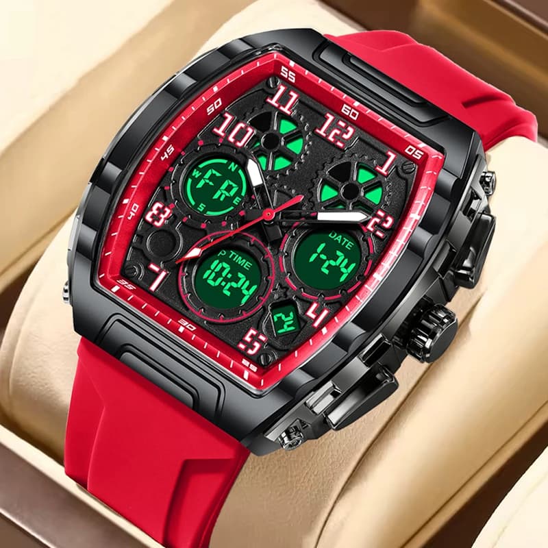 FOXBOX New Red Silicone Square Watch For Men Fashion Military LED Backlight Chronograph Male Waterproof Watches Reloj Hombre+BOX