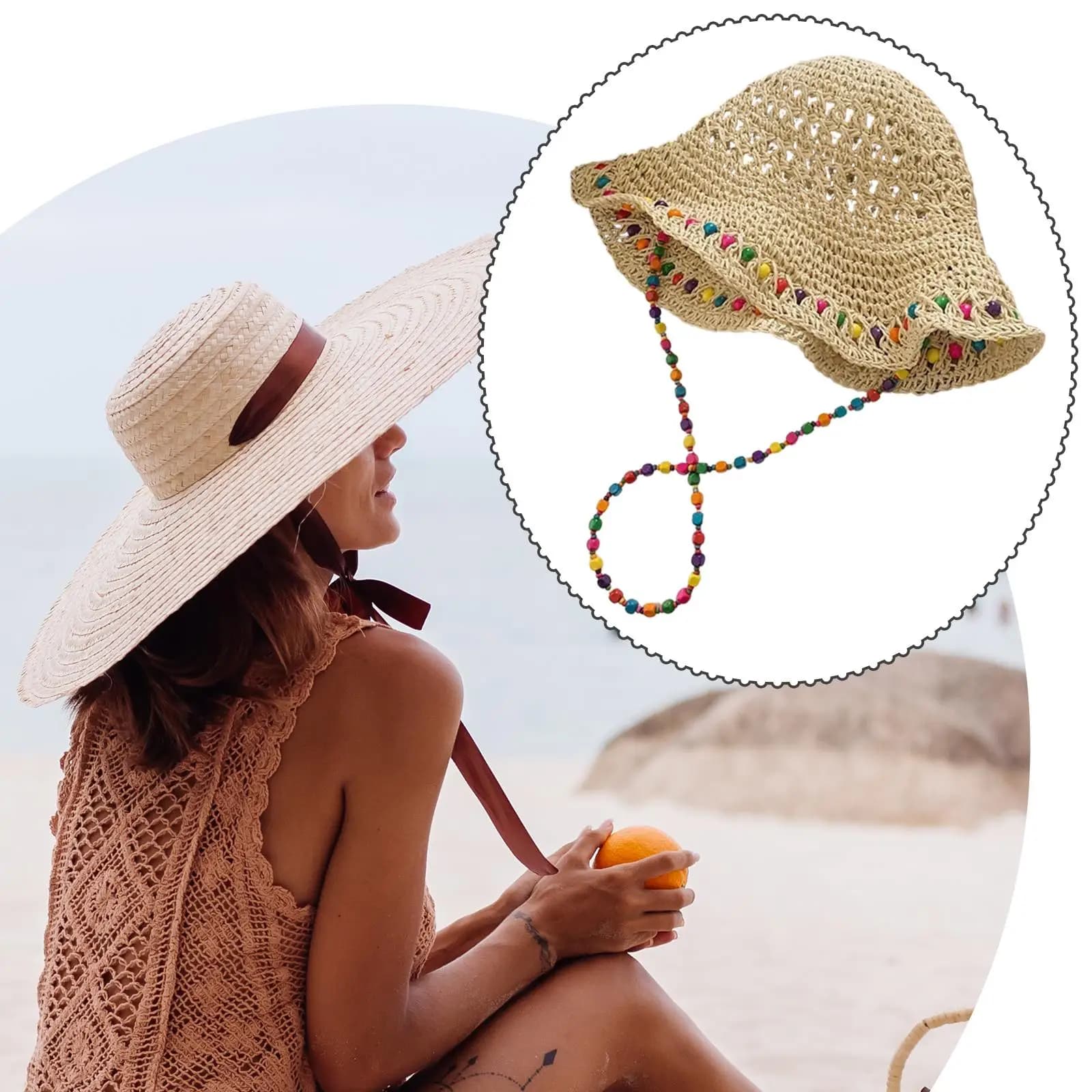Summer straw hat with wooden beads, sun visor that enhances the face, light hat for woman, shopping, camping