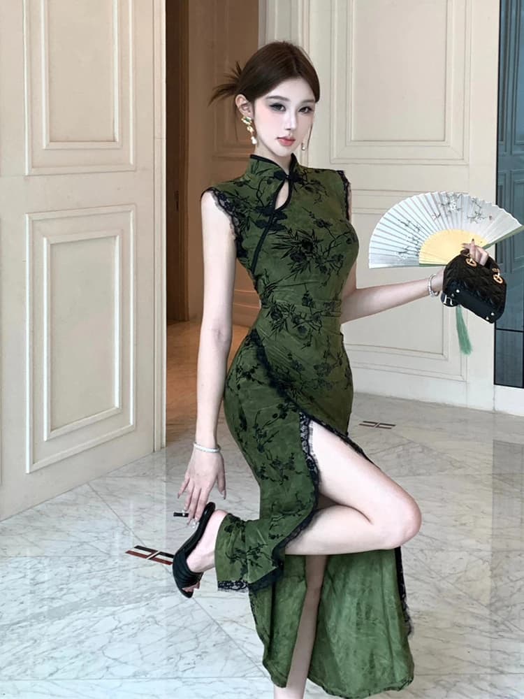Summer New Vintage Ice Silk Plush Stand Collar Improved Dress National Style Slimming Split Lace Evening Gown