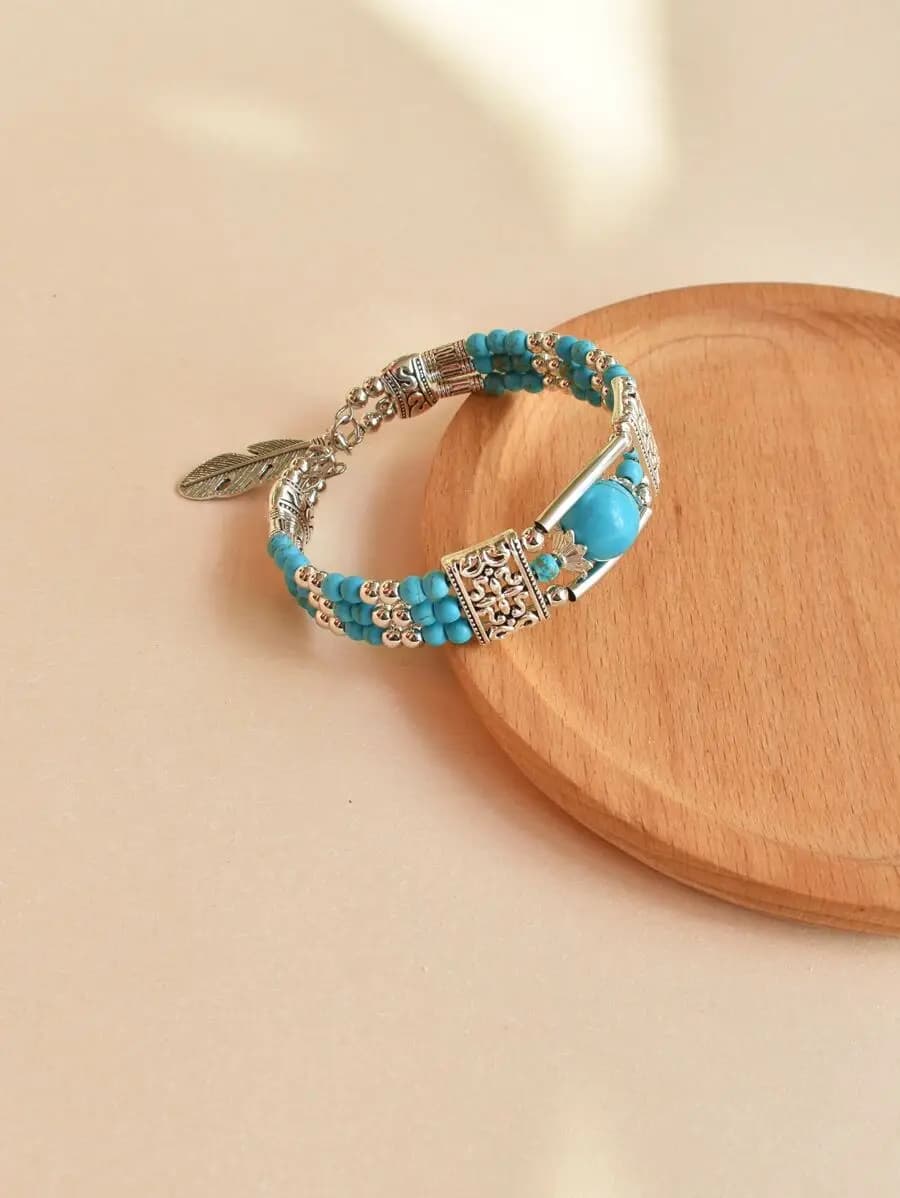 Bracciale vintage multistrato con perline turchesi per donna