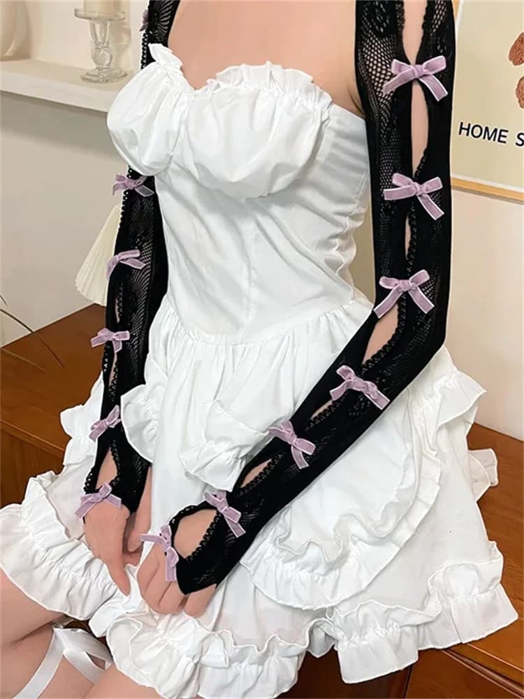 Women Lace Shrug Open Front Crop Tops Bow Fishnet Arm Sleeves with Finger Hole Retro Gothic Kawaii Lolota Y2K Aesthetic Gloves