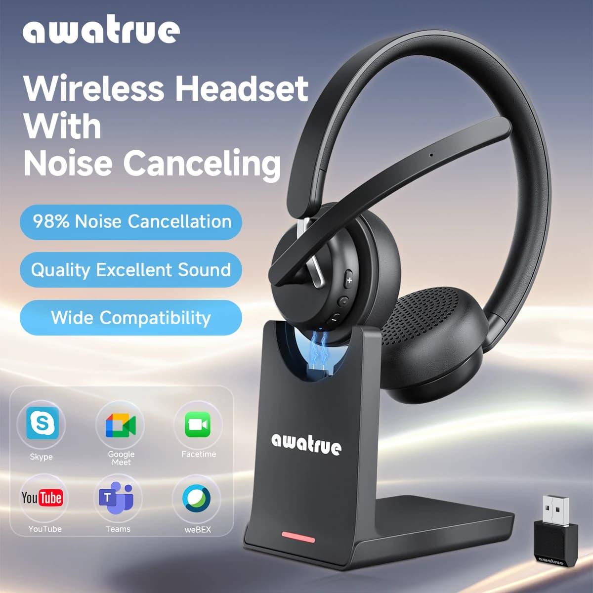 Cuffie Wireless Awatrue con Microfono a Cancellazione del Rumore AI e Base di Ricarica, Auricolari 2.4GHz con Dongle USB