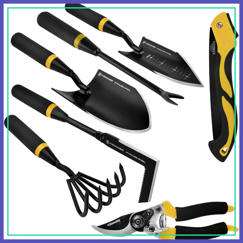 Set di 7 Attrezzi da Giardinaggio in Acciaio Inossidabile con Cassetta degli Attrezzi, Utensili Manuali Resistenti per Piantare e Diserbo