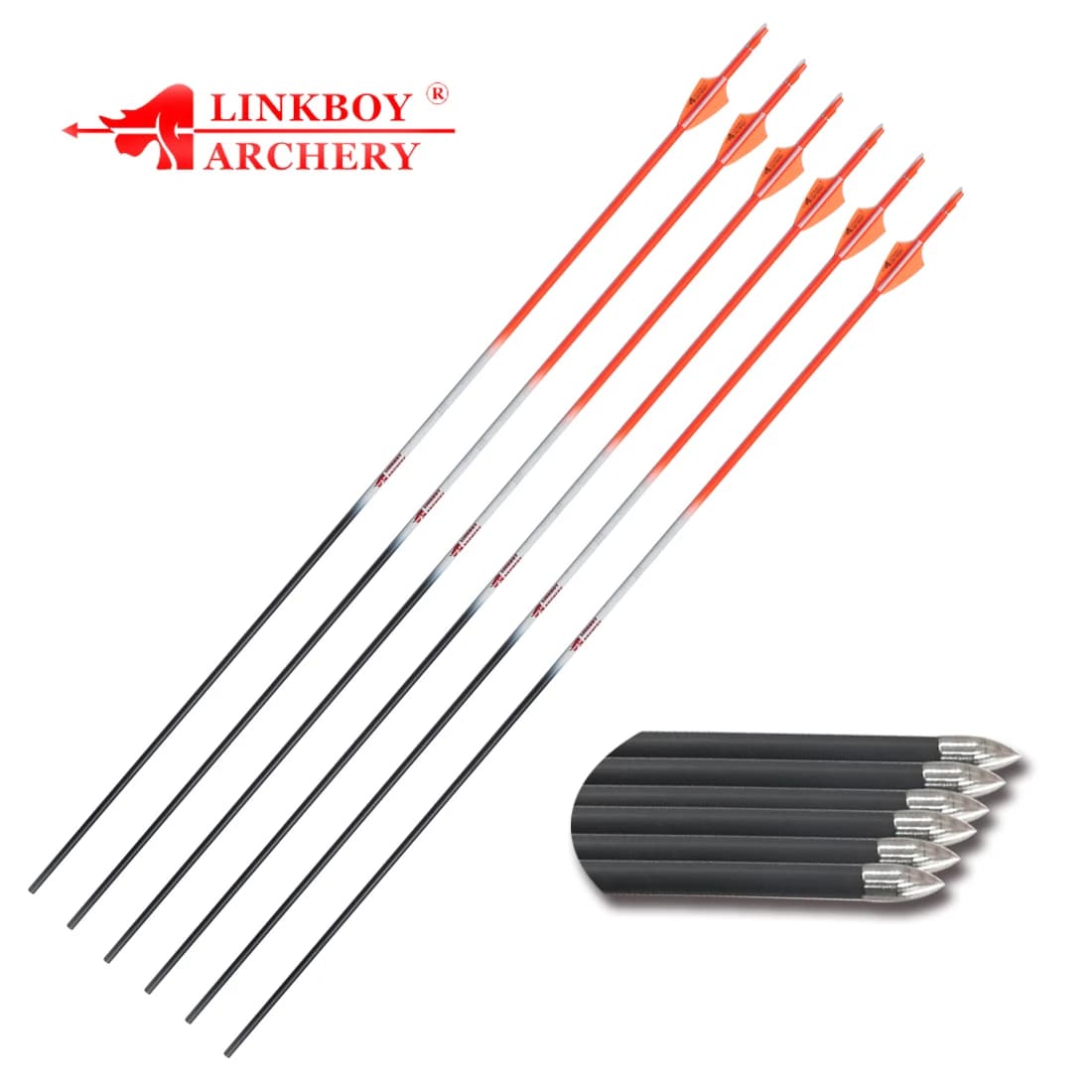 Frecce in Carbonio Puro Linkboy Archery ID4.2MM Spine700 800 900 1000 Alette in Plastica da 1.75 Pollici per Arco Ricurvo da Caccia 6 Pezzi