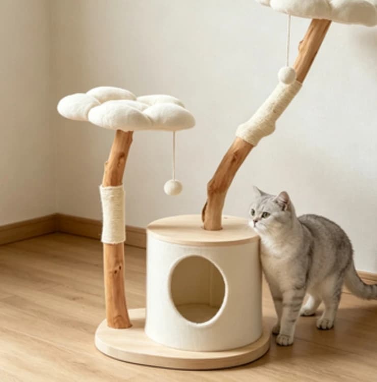 Aesthetic Cloud Platform Cat Tree with Solid Wood Branch Private Cat Hideaway Sisal Scratcher Interactive Ball Toy