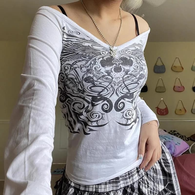 Grunge Punk Scollo a V Foratura a caldo Manica lunga Teschi bianchi Camicetta stampata Magliette Estate Primavera Donna Grafica gotica Y2K Crop Top