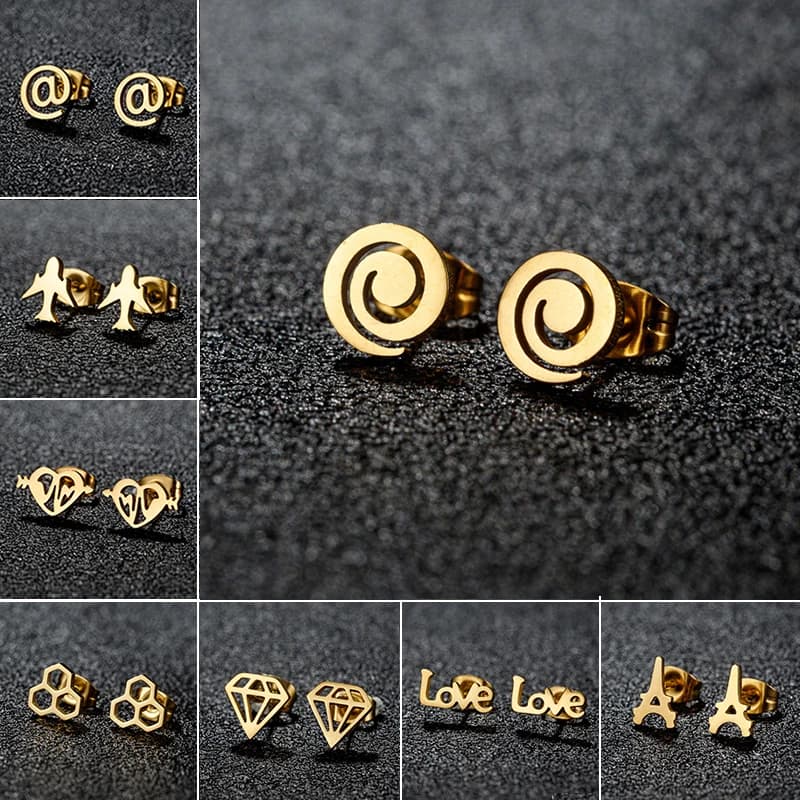 Fashion Stainless Steel Piercing Stud Earrings Women Punk Aircraft Heartbeat Honeycomb Earings Simple Swirl Studs Orecchini 2024
