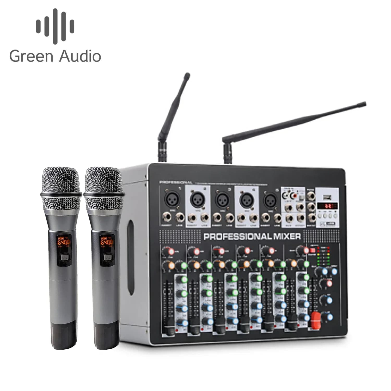 25GAX-702W Mixer professionale a 7 canali con amplificatore, microfono wireless, macchina integrata, adatto per spettacoli teatrali di karaoke