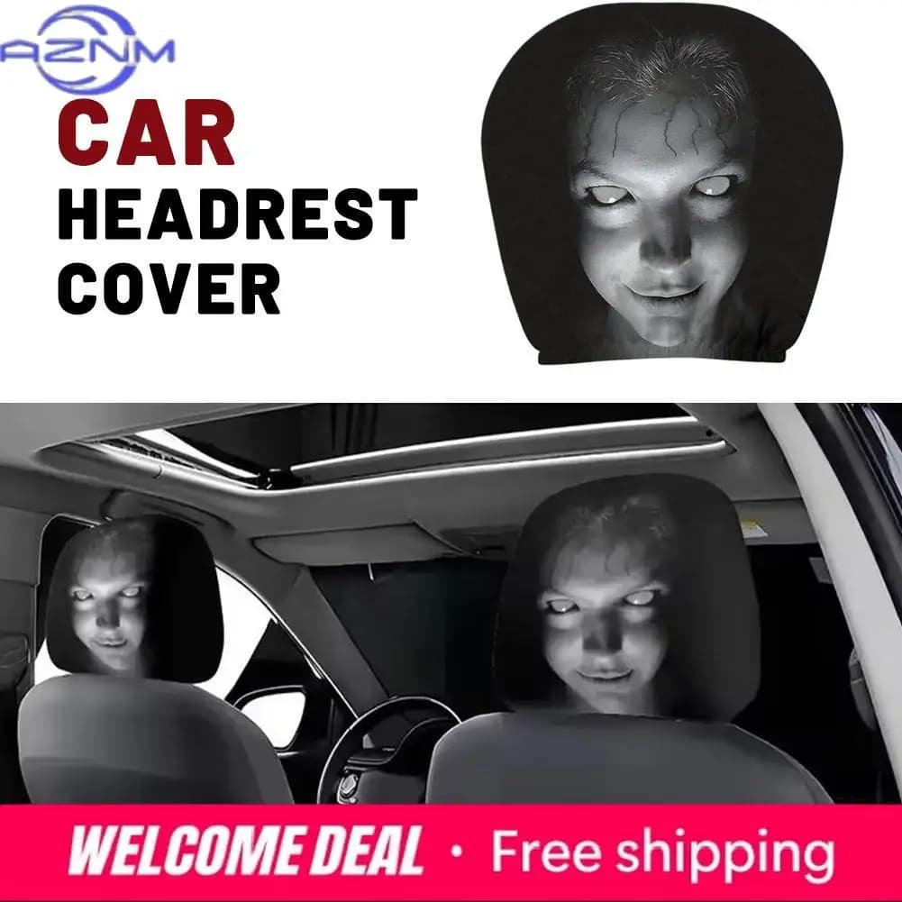 2Pcs Universal Car Seat Cover Horror Design Car Headrest Covers Breathable Elastic Car Headrest Cover for Sedan, Truck, SUV