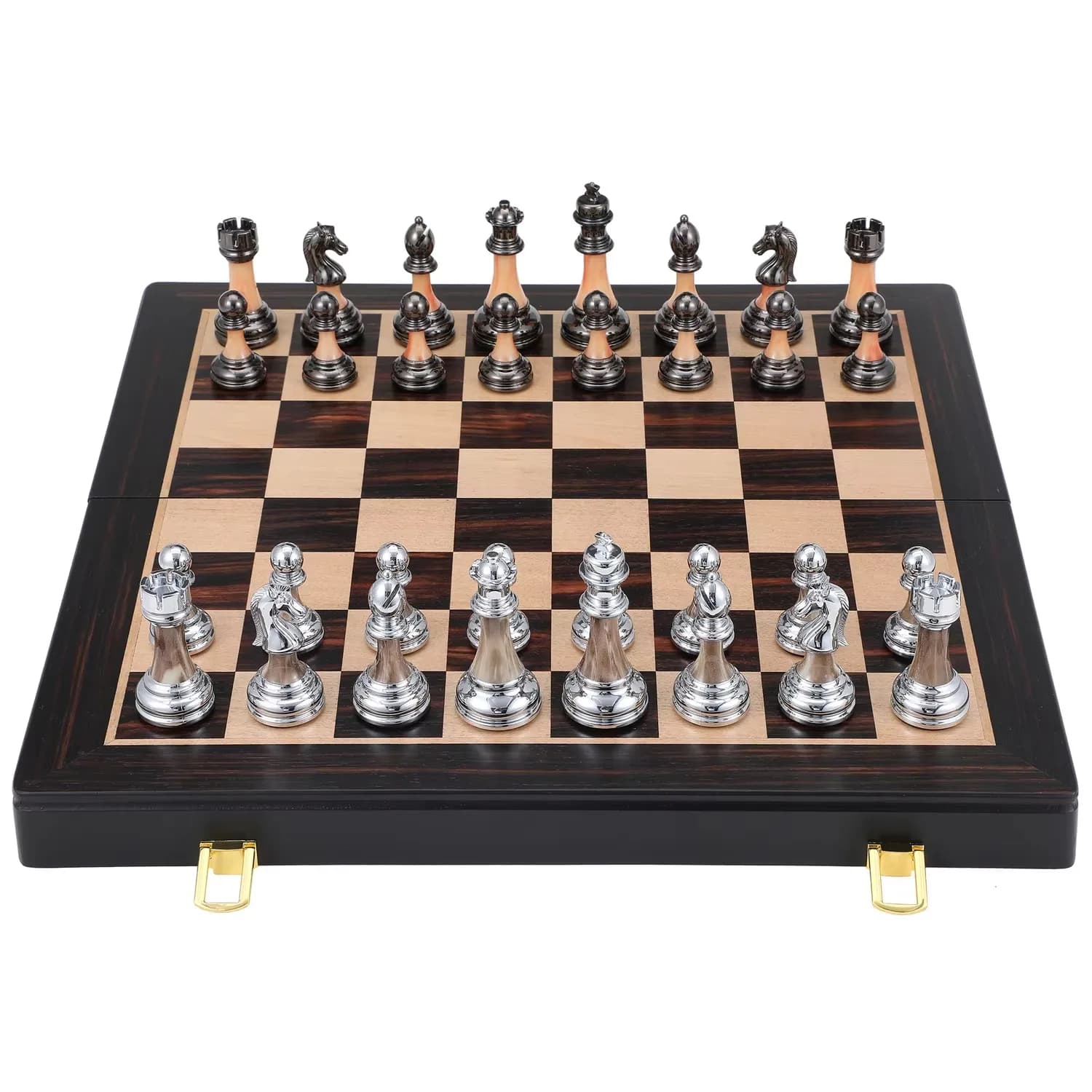 King Tall 3,5 pollici Staunton argento e nero con finitura in metallo anodizzato set di scacchi triplo ponderato in scatola di scacchiera in legno