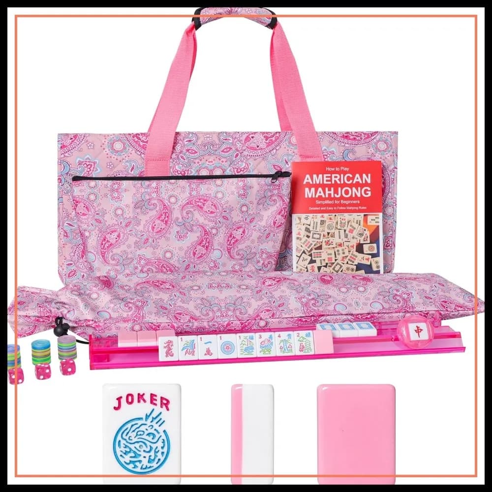 Set da Mahjong Americano, 166 Tessere Rosa (3 cm), 4 Supporti e Spingitori Tutto-in-Uno, Borsa con Coulisse, Set Completo con Borsa per il Trasporto