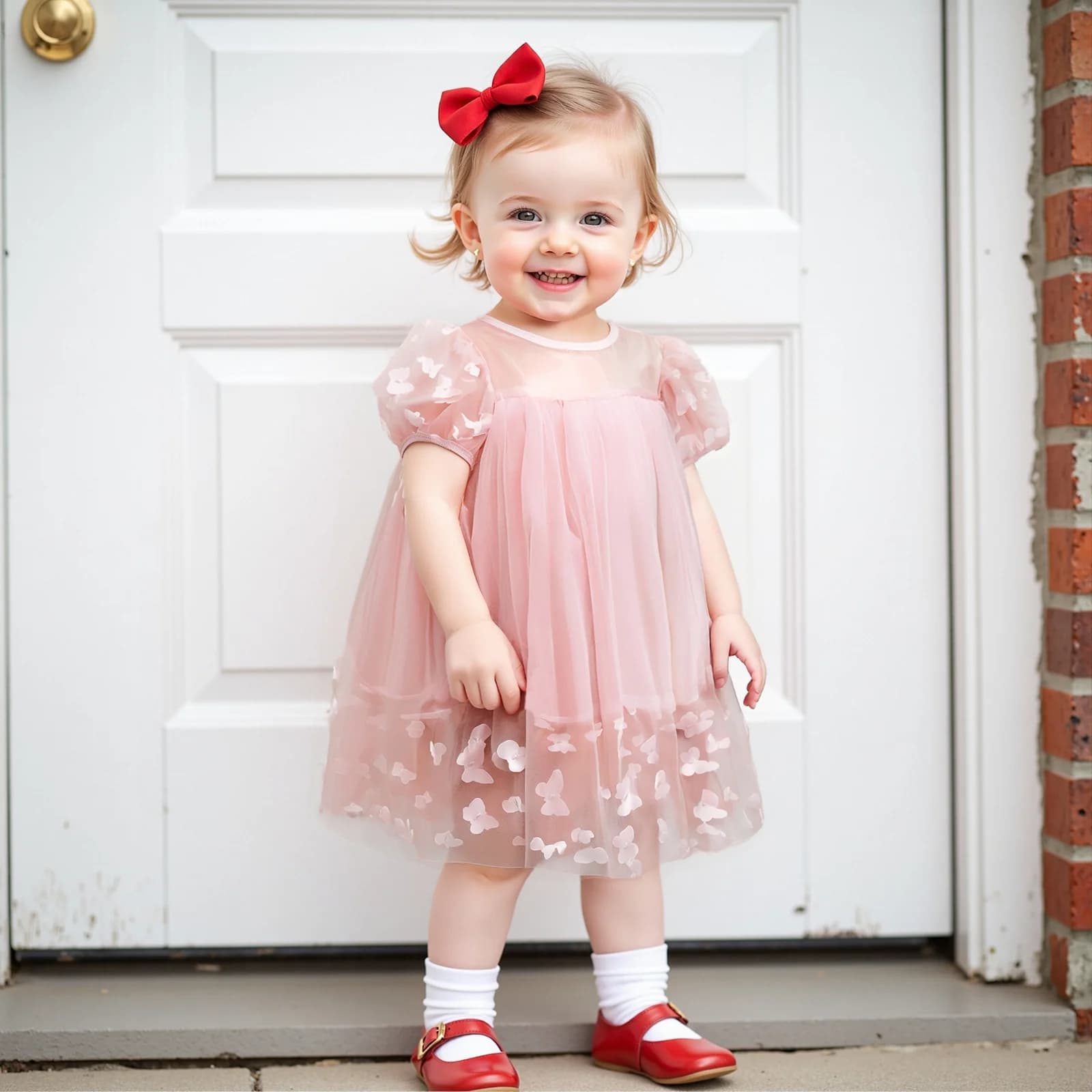 3-8Y Summer Kid Girl Tulle Mesh Lace Dress 3D Butterfly Short Sleeve Square Neck Princess Party Dresses