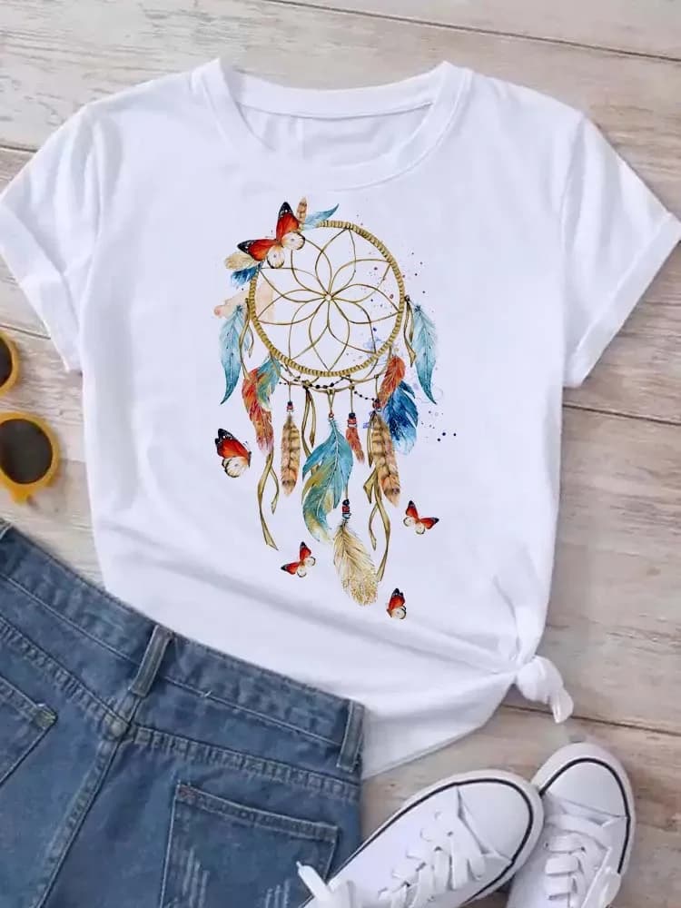 Women Summer Short Sleeve Dreamcatcher Feather Fashion Print Lady T-shirts Top Shirt Ladies Womens Graphic Tee Top