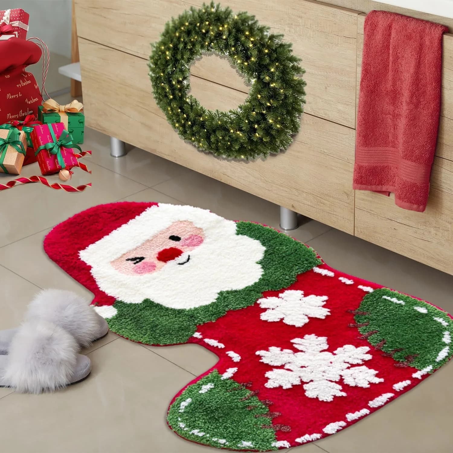 VIKAMA Christmas Cartoon Imitation Cashmere Carpet Soft Bathroom Floor Mat Living Room Bedroom Entrance Door Mat Home Decoration