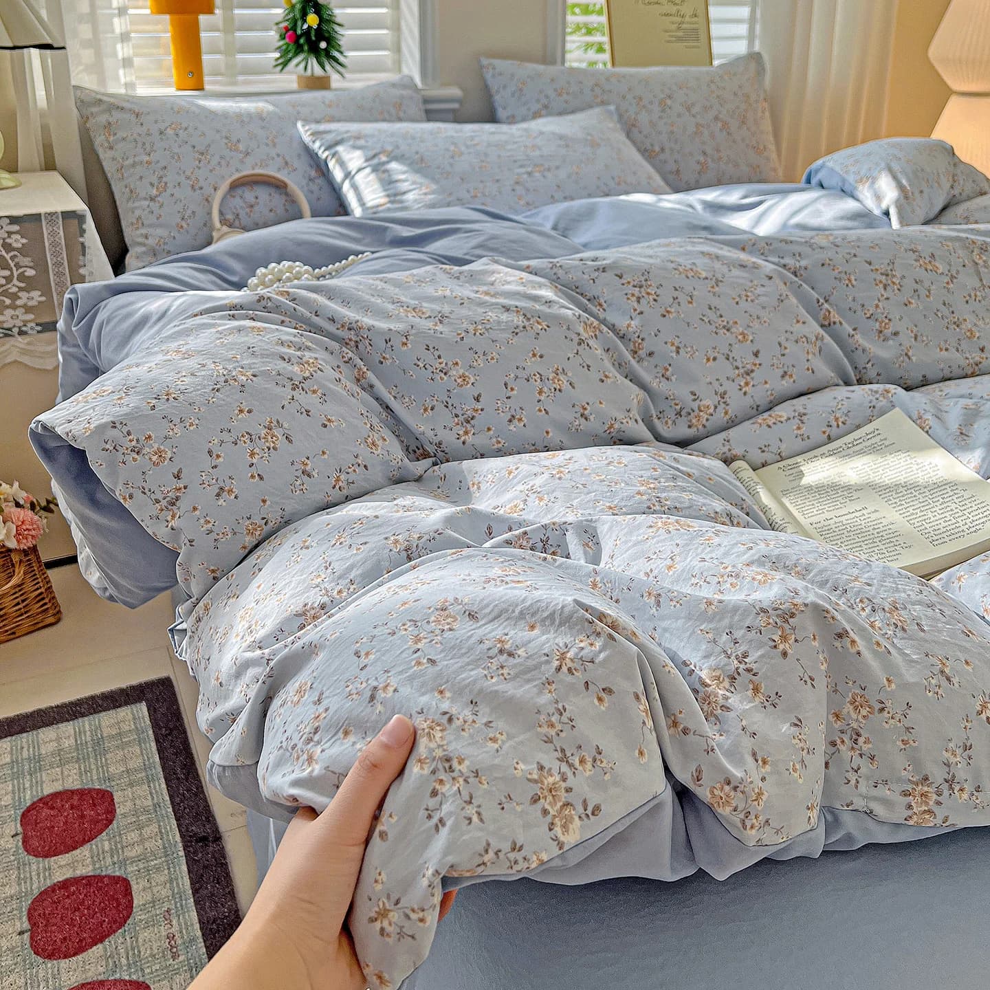 Set Lenzuola 4 Pezzi in Finto Cotone Tinto Reattivo Eco-Friendly Effetto Vintage Morbido come Nuvola Anti-Sbiadimento Traspirante TWIN 188X99cm