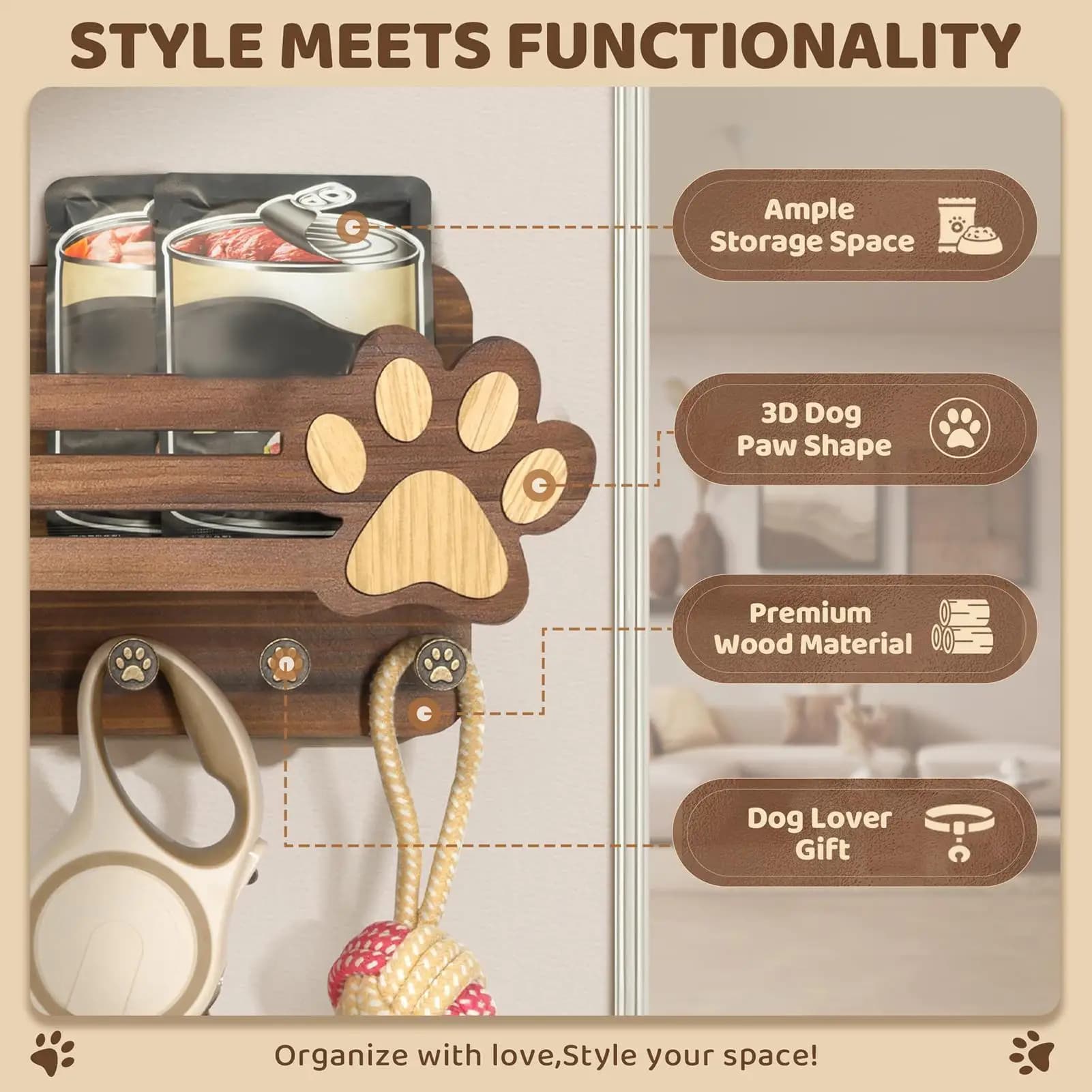 Porta Guinzagli da Parete con 6 Ganci, Decorazione Domestica a Forma di Zampa, Organizzatore per Guinzagli di Cani per Ingresso, Soggiorno, Cucina, Camera da Letto