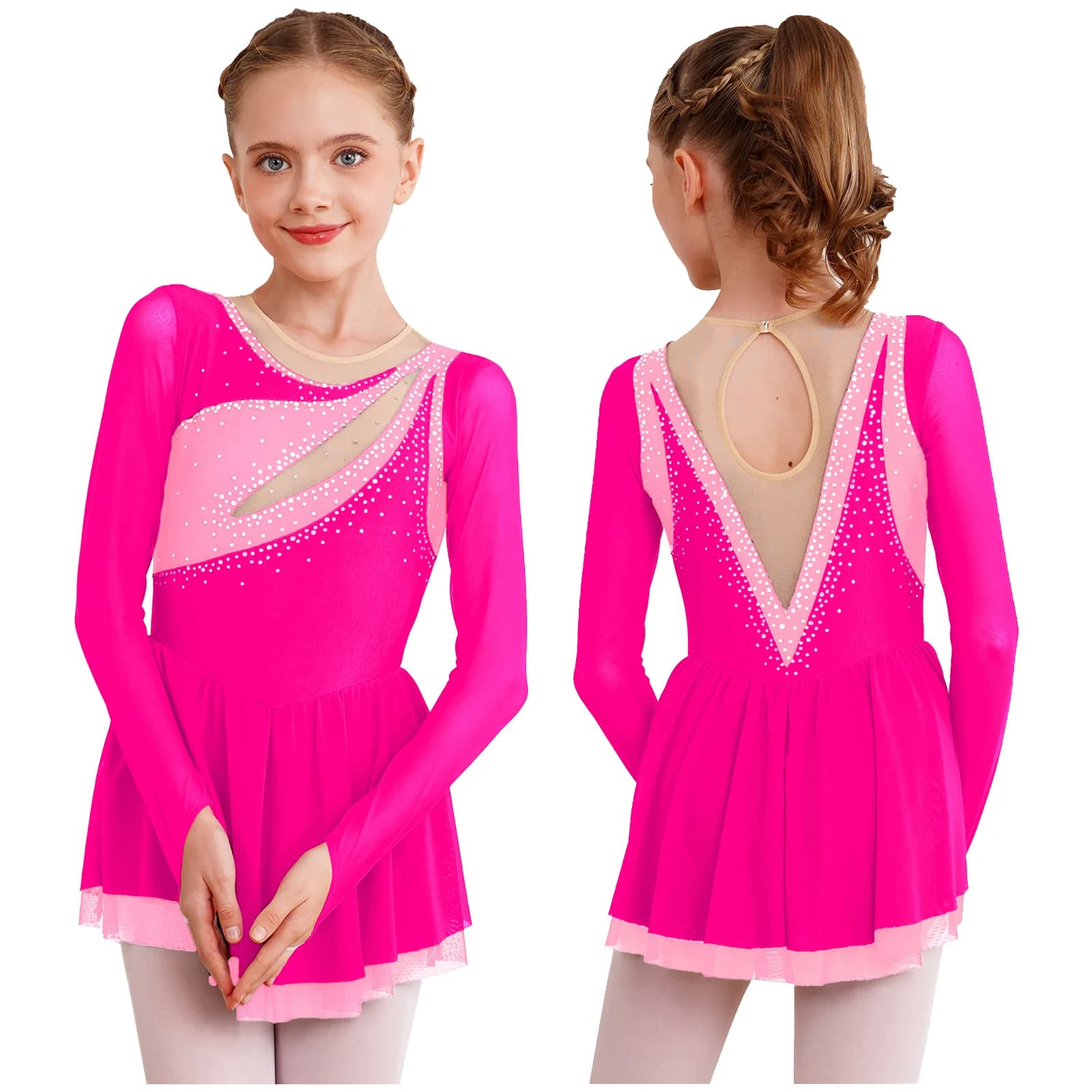 Bambini ragazze balletto vestito da ballo lirico ginnastica ritmica body Tutu abiti manica lunga strass pattinaggio artistico Dancewear