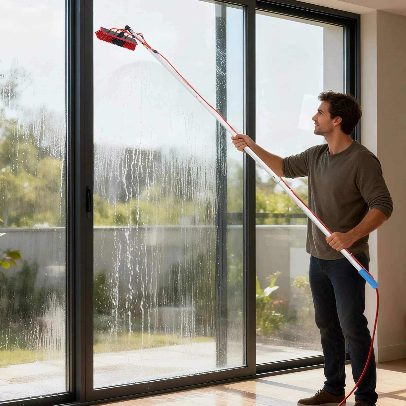 Kit Spazzola per Pulizia Pannelli Solari a Lungo Raggio, Asta in Alluminio Estensibile 3m, Spray d'Acqua per Finestre ad Alta Quota e Pannelli Fotovoltaici